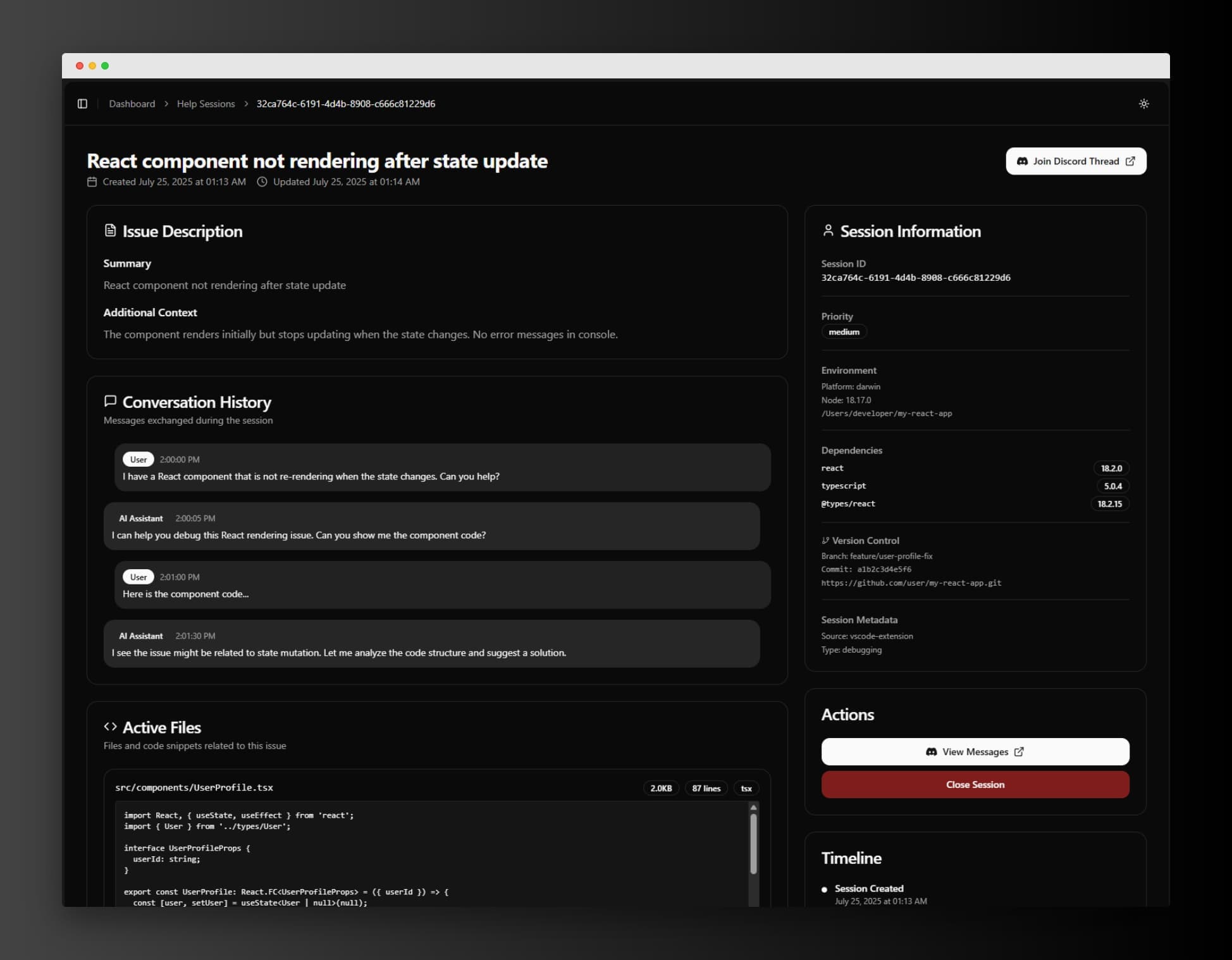 Cleanup Crew dashboard interface in dark mode showing help session management