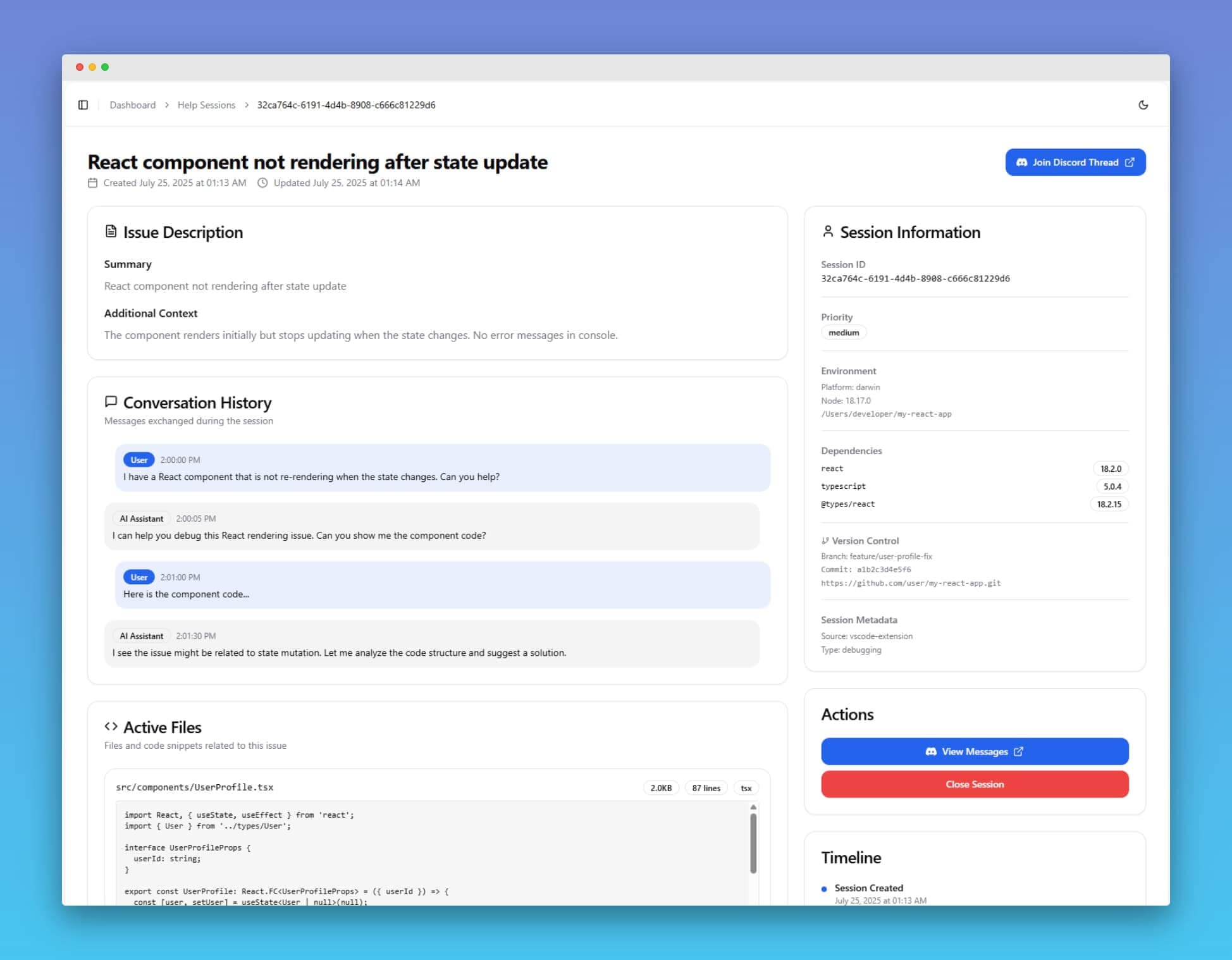 Cleanup Crew dashboard interface showing help session management